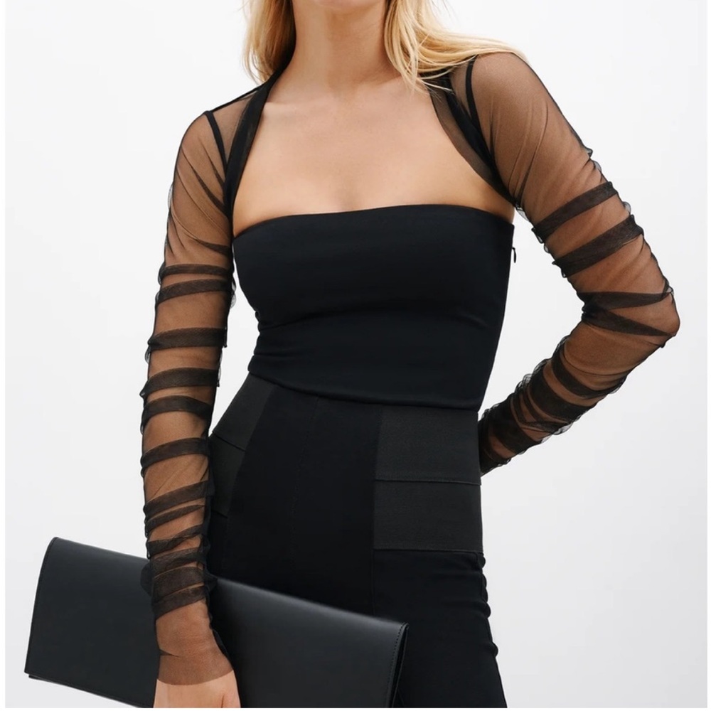 Marcella Mesh Sheer Ruched Long Sleeve Bolero Black Small - Picture 2 of 10